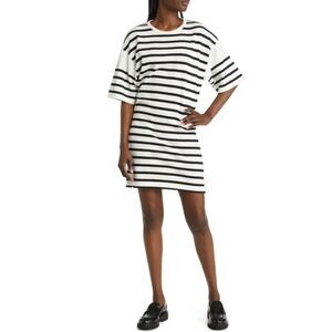 FRAME Slouchy Stripe Organic Cotton T-Shirt Dress in Noir Multi, Sz S